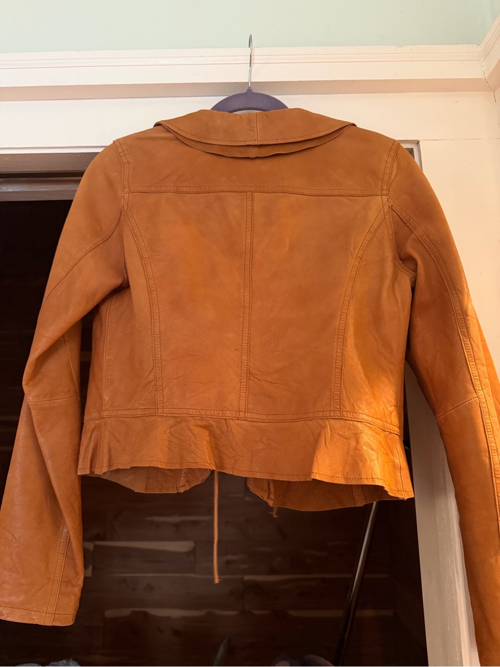 Women’s Ruffle-Front Brown Leather Jacket - Picture 2 of 2
